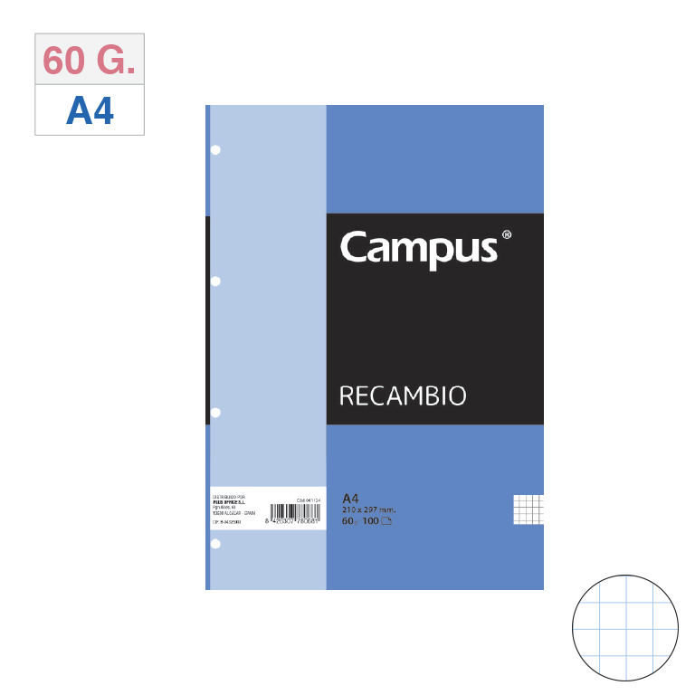 RECAMBIO CARPETA CAMPUS A4 100 HOJAS 16 TALADROS 60 GRAMOS CUADRICULA 4 MM.