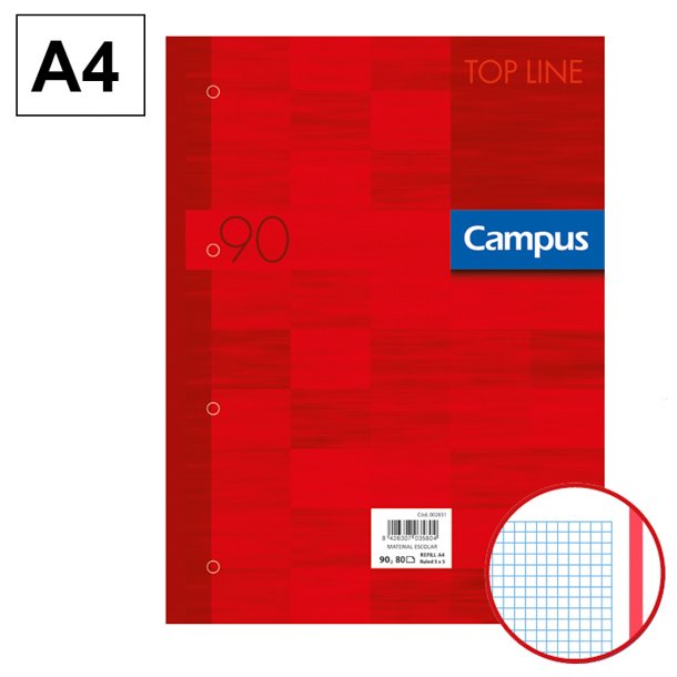 BLOC ENCOLADO DE RECAMBIOS CARPETA CAMPUS A4 4 TALADROS 80 HOJAS 90 GRAMOS BANDA DE SU COLOR ROJO CUADRICULA 5 MM.	