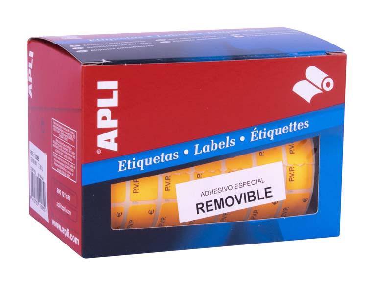 ETIQUETAS AUTOADHESIVAS REMOVIBLES EN ROLLO APLI PVP NARANJA FLUOR 12MMX18MM 3360 UNIDADES POR ROLLO	