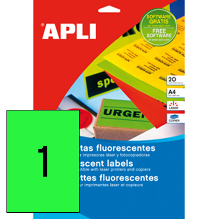 ETIQUETAS AUTOADHESIVAS APLI A4 210MMX297MM COLOR VERDE FLUORESCENTE 1 ETIQUETA X HOJA PAQUETE DE 20 HOJAS	