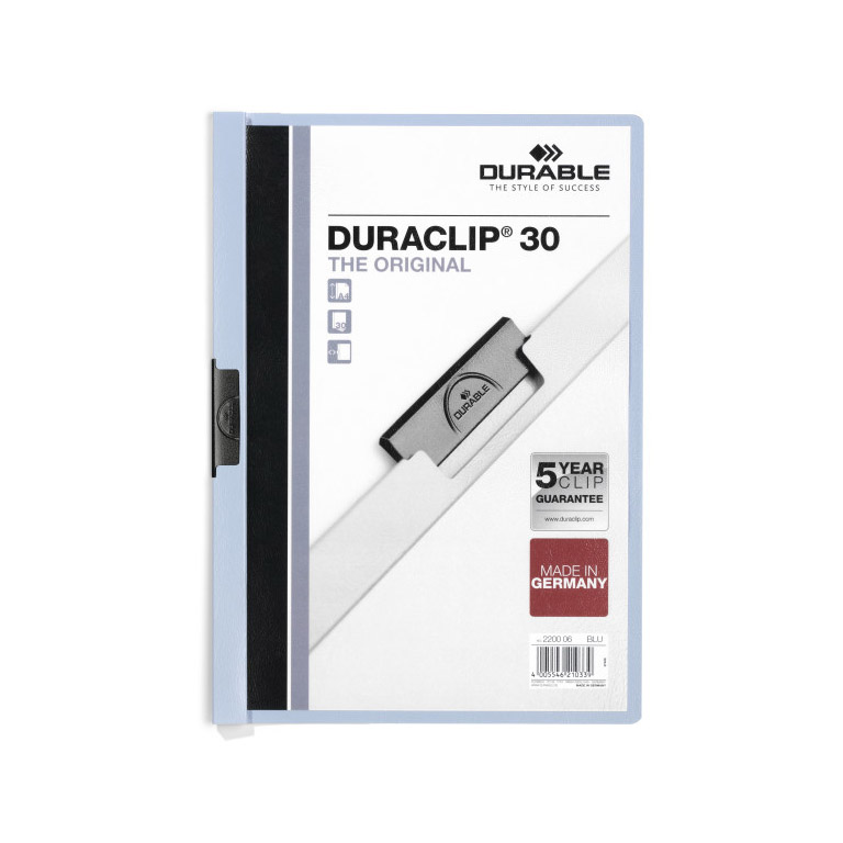 CARPETA DOSSIER PINZA METALICA DURABLE DURACLIP A4 220X310 MM CAPACIDAD 30HOJAS COLOR AZUL