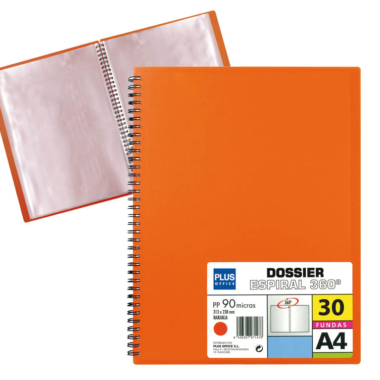 CARPETA PLUS OFFICE ESPIRAL POLIPROPILENO RIGIDO 30 FUNDAS TRANSPARENTES POLIPROPILENO A4 COLOR NARANJA