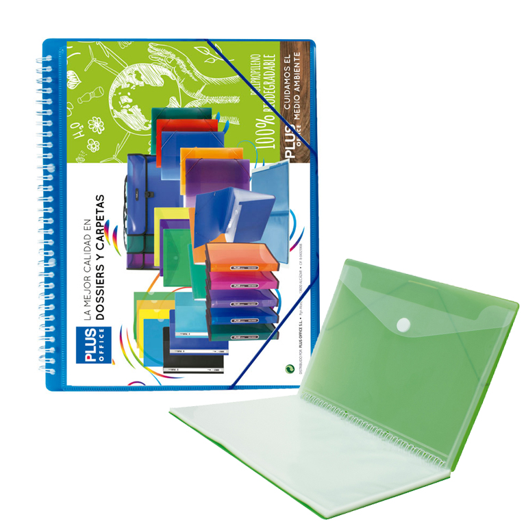 CARPETA PLUS OFFICE ESPIRAL TAPAS RIGIDAS PERSONALIZABLES 40 FUNDAS TRANSPARENTES POLIPROPILENO A4 CON GOMAS COLOR AZUL