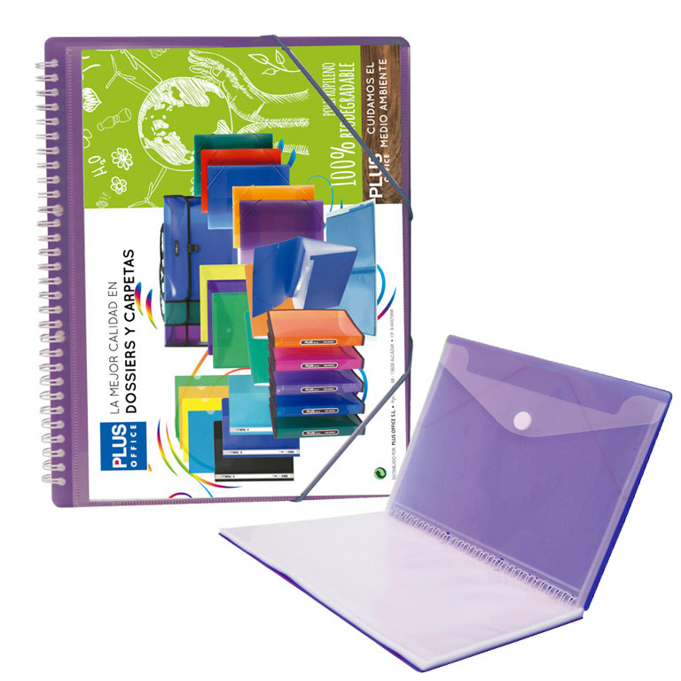 CARPETA PLUS OFFICE ESPIRAL TAPAS RIGIDAS PERSONALIZABLES 20 FUNDAS TRANSPARENTES POLIPROPILENO A4 CON GOMAS COLOR VIOLETA