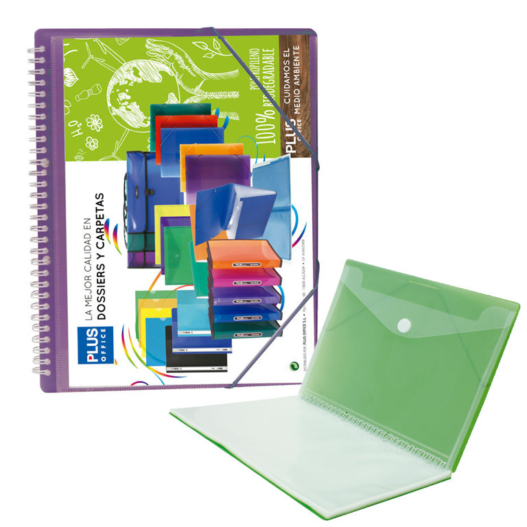 CARPETA PLUS OFFICE ESPIRAL TAPAS RIGIDAS PERSONALIZABLES 50 FUNDAS TRANSPARENTES POLIPROPILENO A4 CON GOMAS COLOR VIOLETA